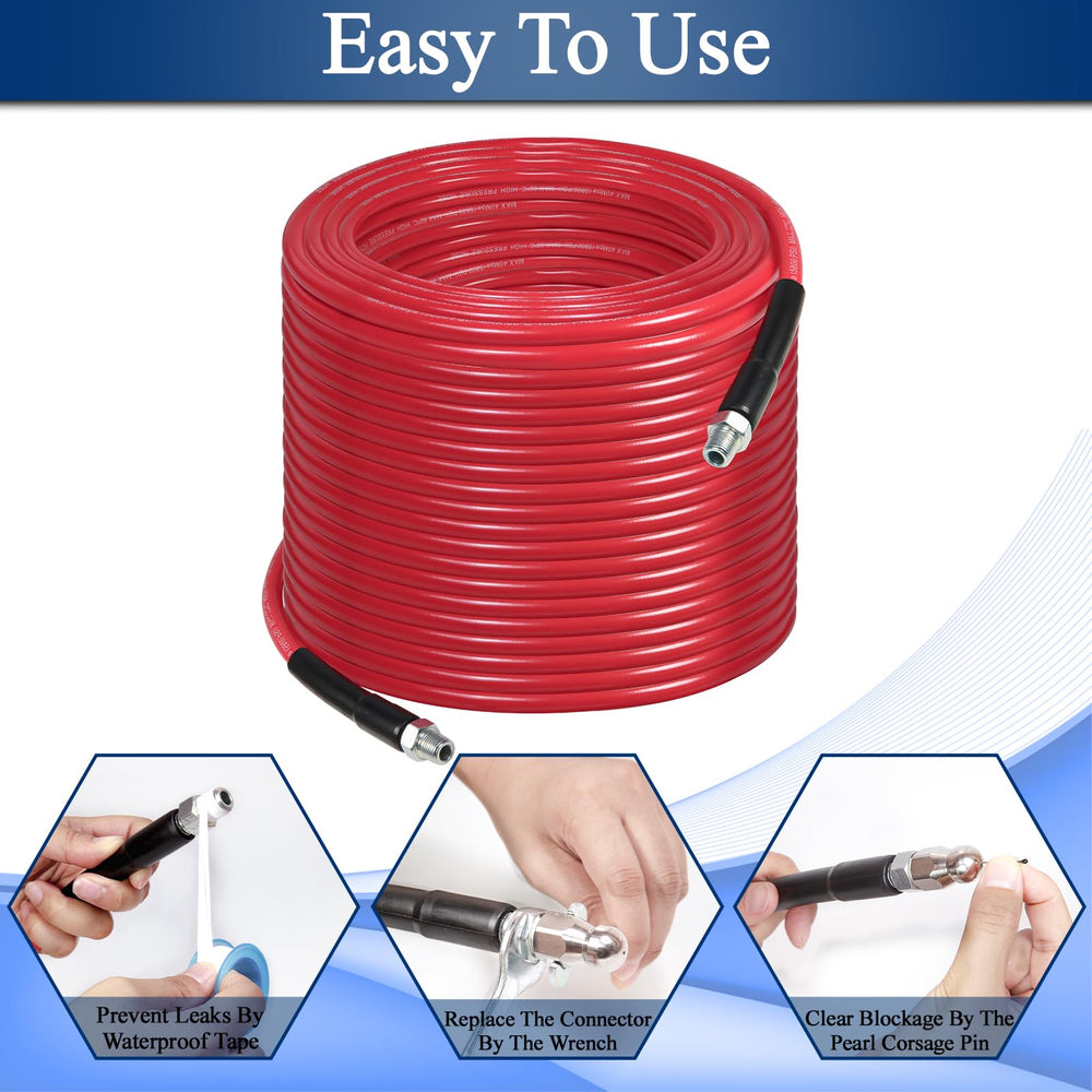 Dingbaayee hose alongside tape measure showing 100-foot reach and access benefits