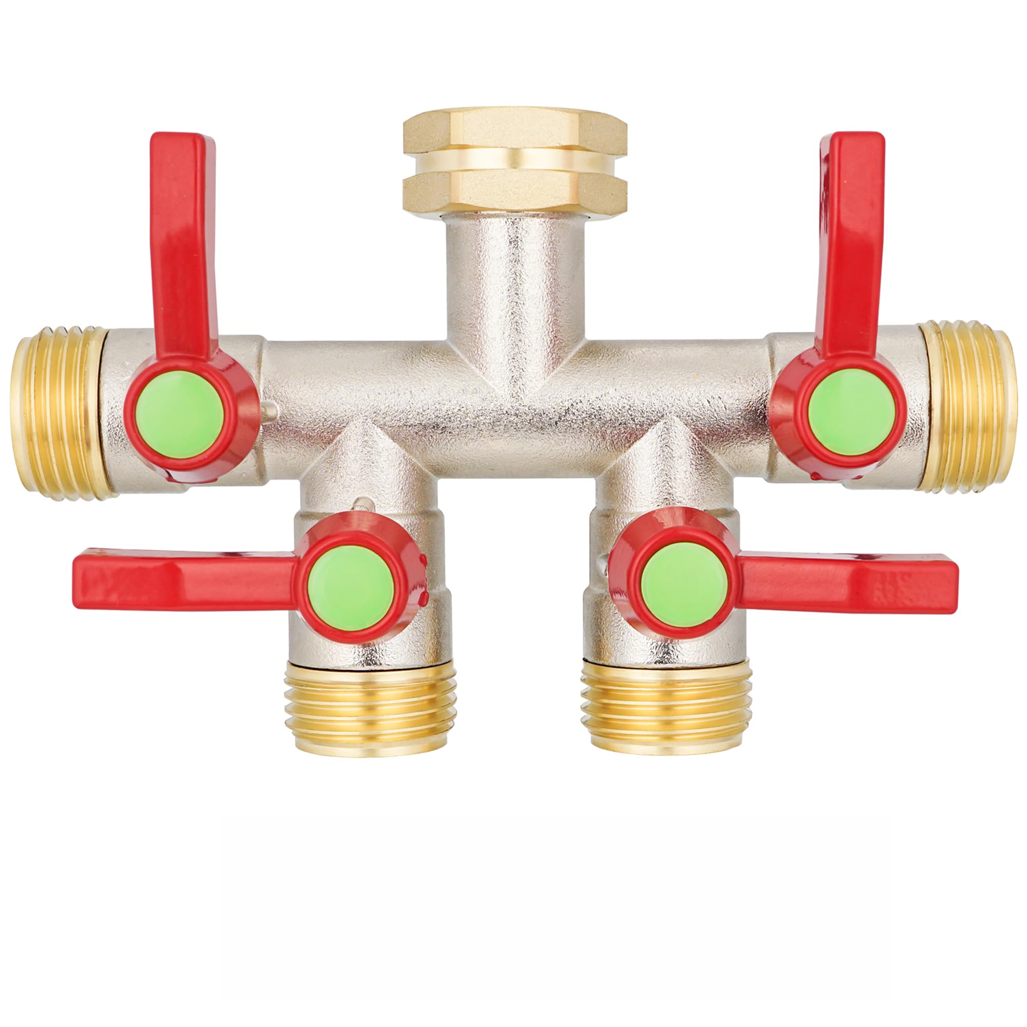 DINGBAI front view of 4-way brass splitter showing sturdy construction and benefits