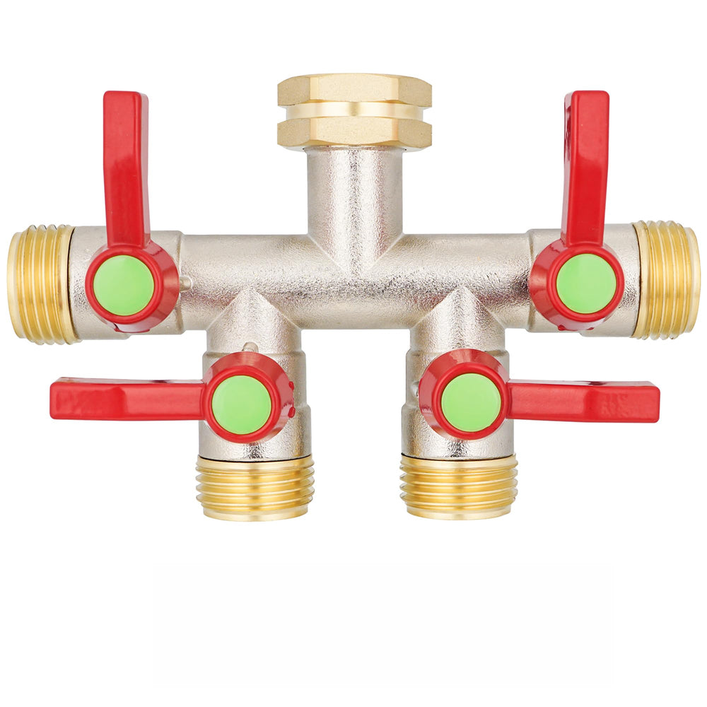 DINGBAI front view of 4-way brass splitter showing sturdy construction and benefits