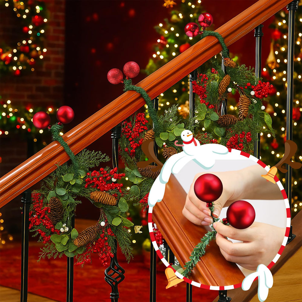 Dingion ties securing garland on banister, keeping staircase decorations neat
