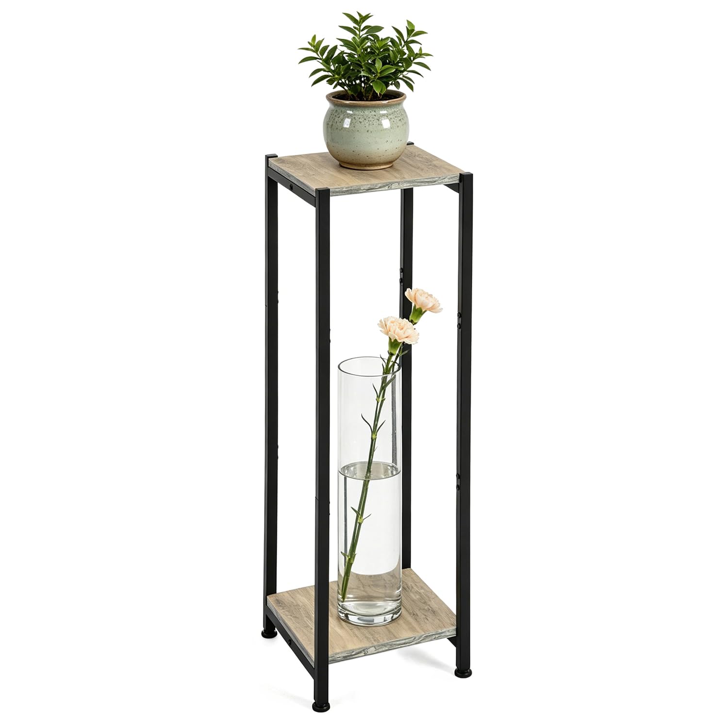 Dipion front view two-tier greige plant stand showing modern silhouette and sturdy shelves