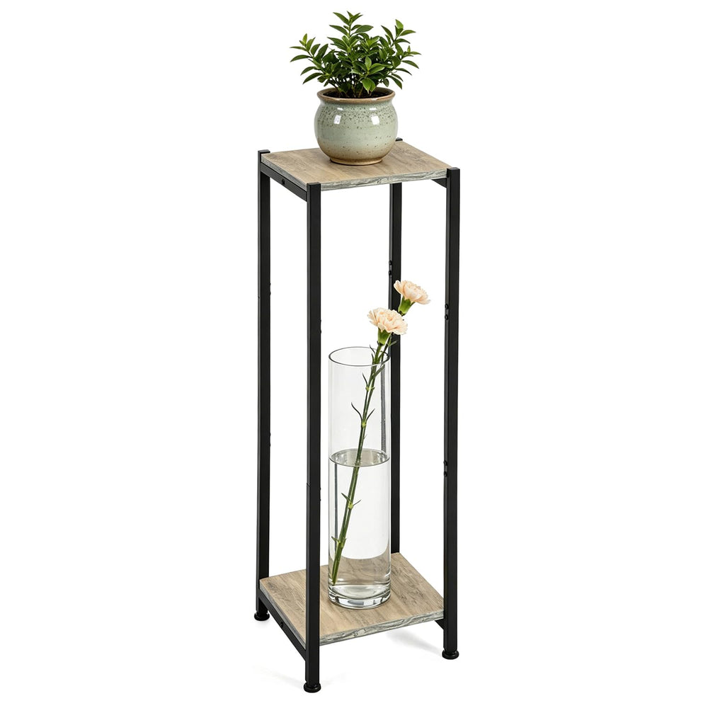 Dipion front view two-tier greige plant stand showing modern silhouette and sturdy shelves