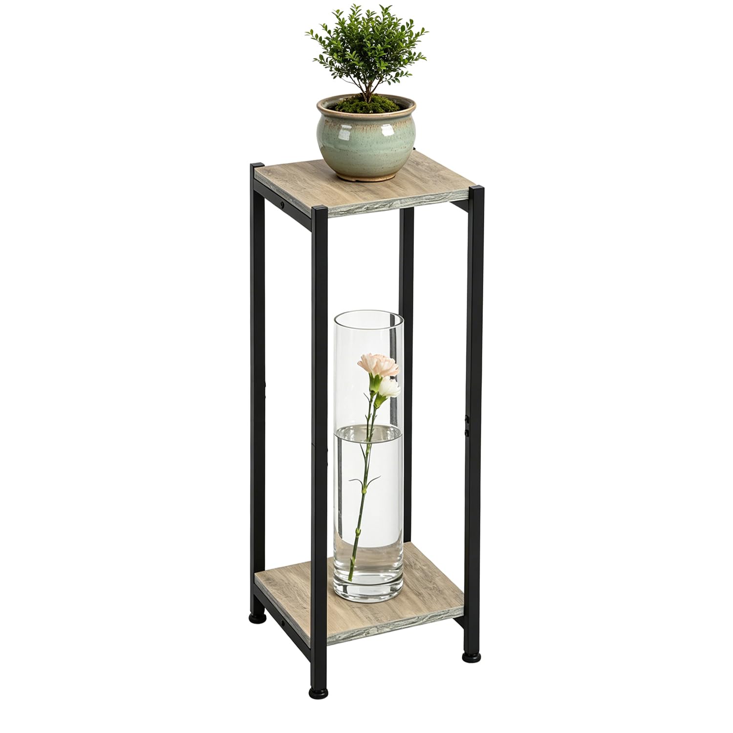 Dipion front view of 2-tier greige plant stand showing modern styling and space-saving benefit