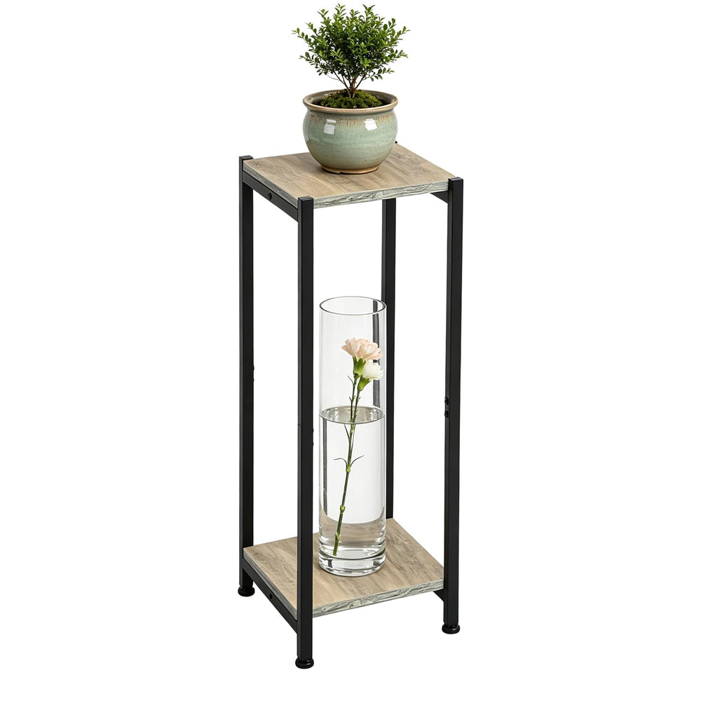 Dipion front view of 2-tier greige plant stand showing modern styling and space-saving benefit