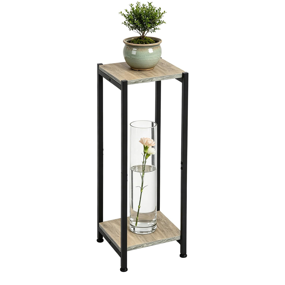 Dipion front view of 2-tier greige plant stand showing modern styling and space-saving benefit