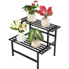 Dipion front view of black 2-tier stand showing neat plant display and durability