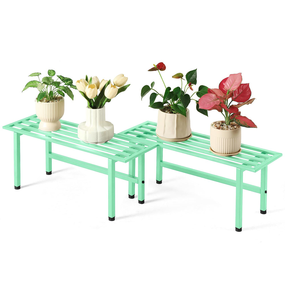 Dipion front view of mint green metal plant stand showing stylish display benefit