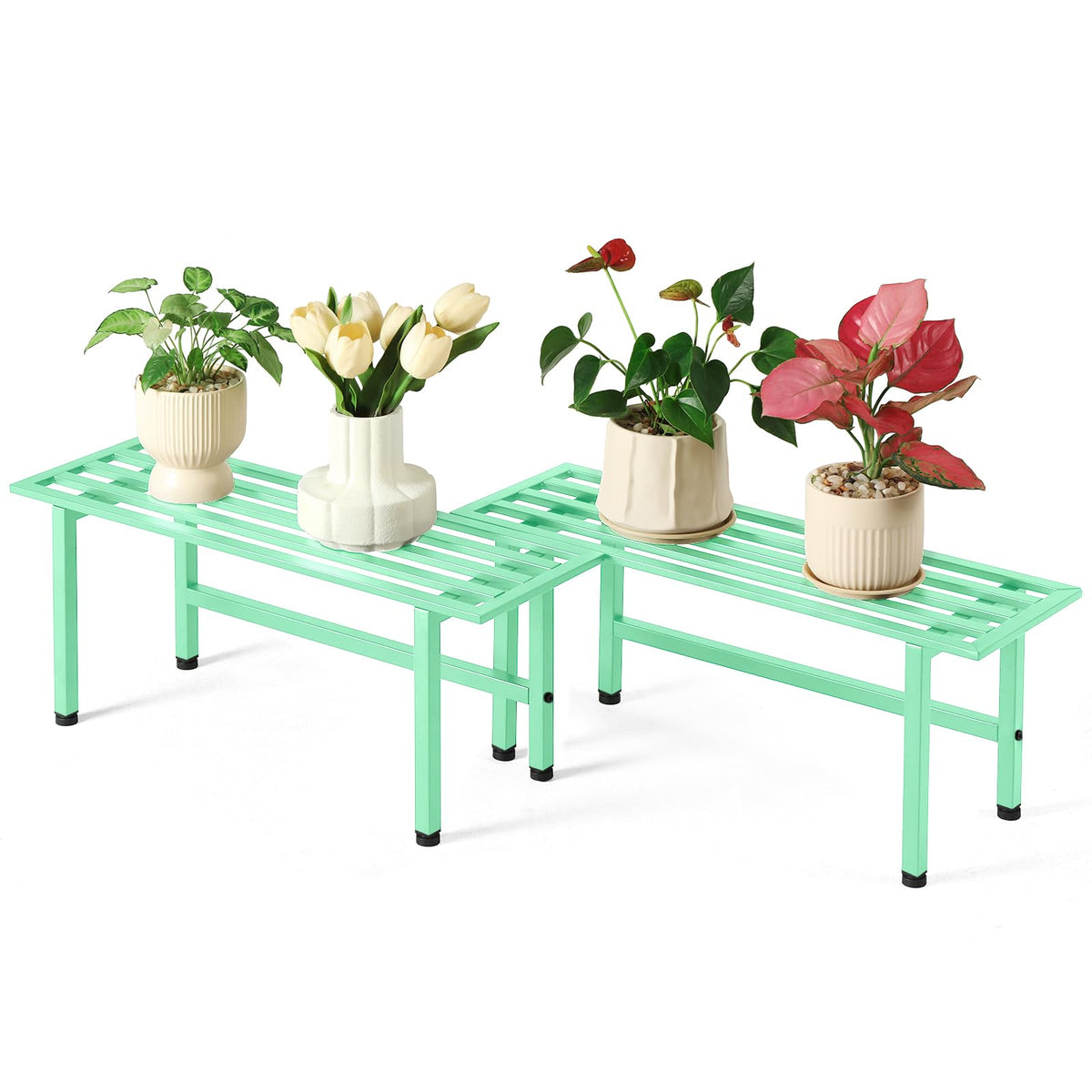 Dipion front view of mint green metal plant stand showing stylish display benefit
