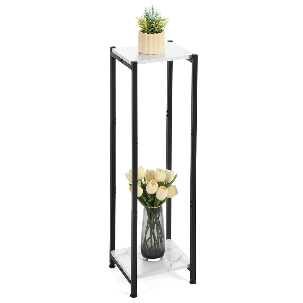 Dipion front view showing marble white shelves and slim metal frame, adds modern display space