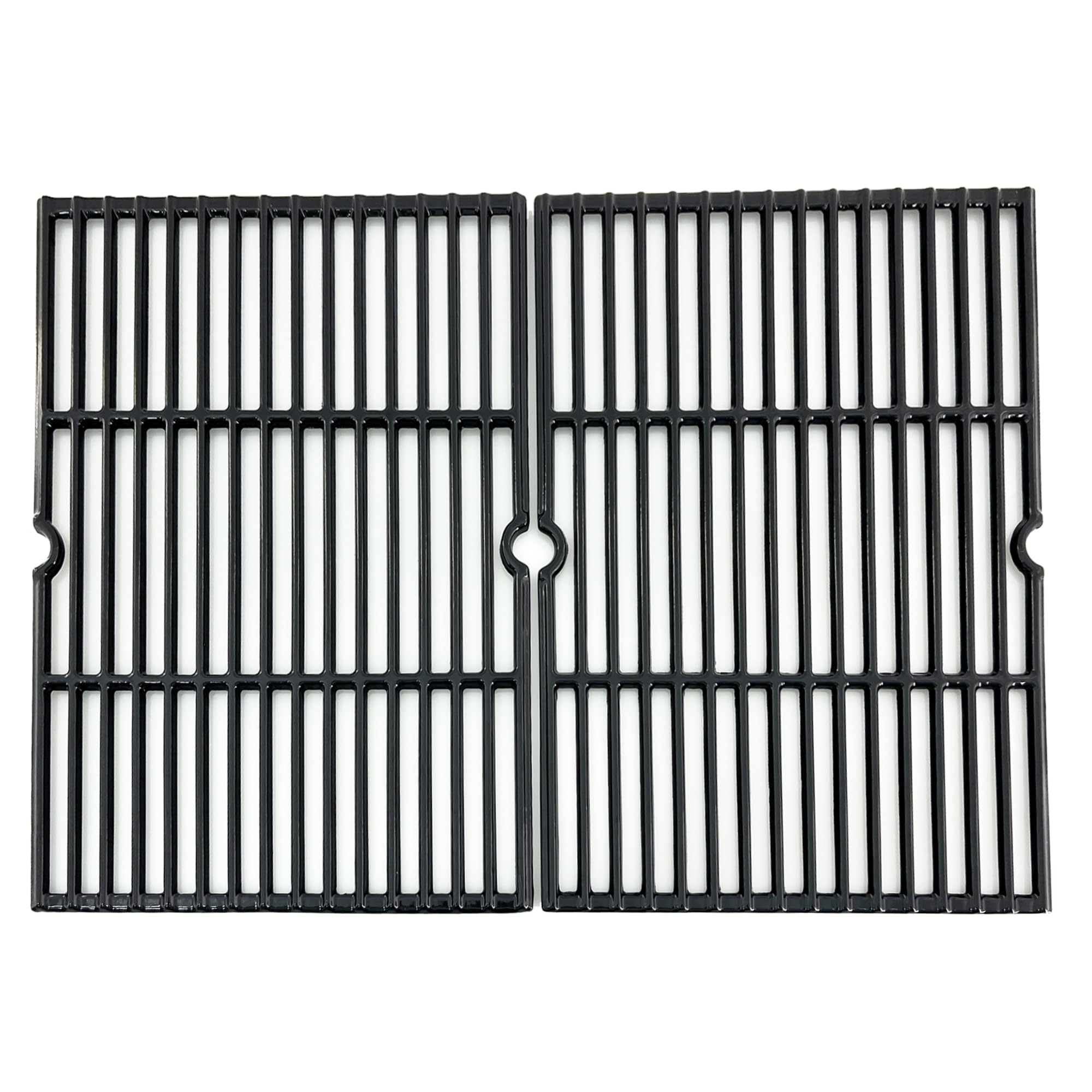 Direct Store front view of two porcelain-coated cast iron grates shows durable cooking surface