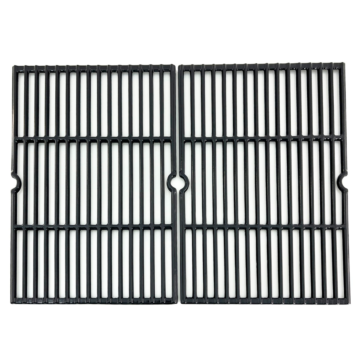 Direct Store front view of two porcelain-coated cast iron grates shows durable cooking surface