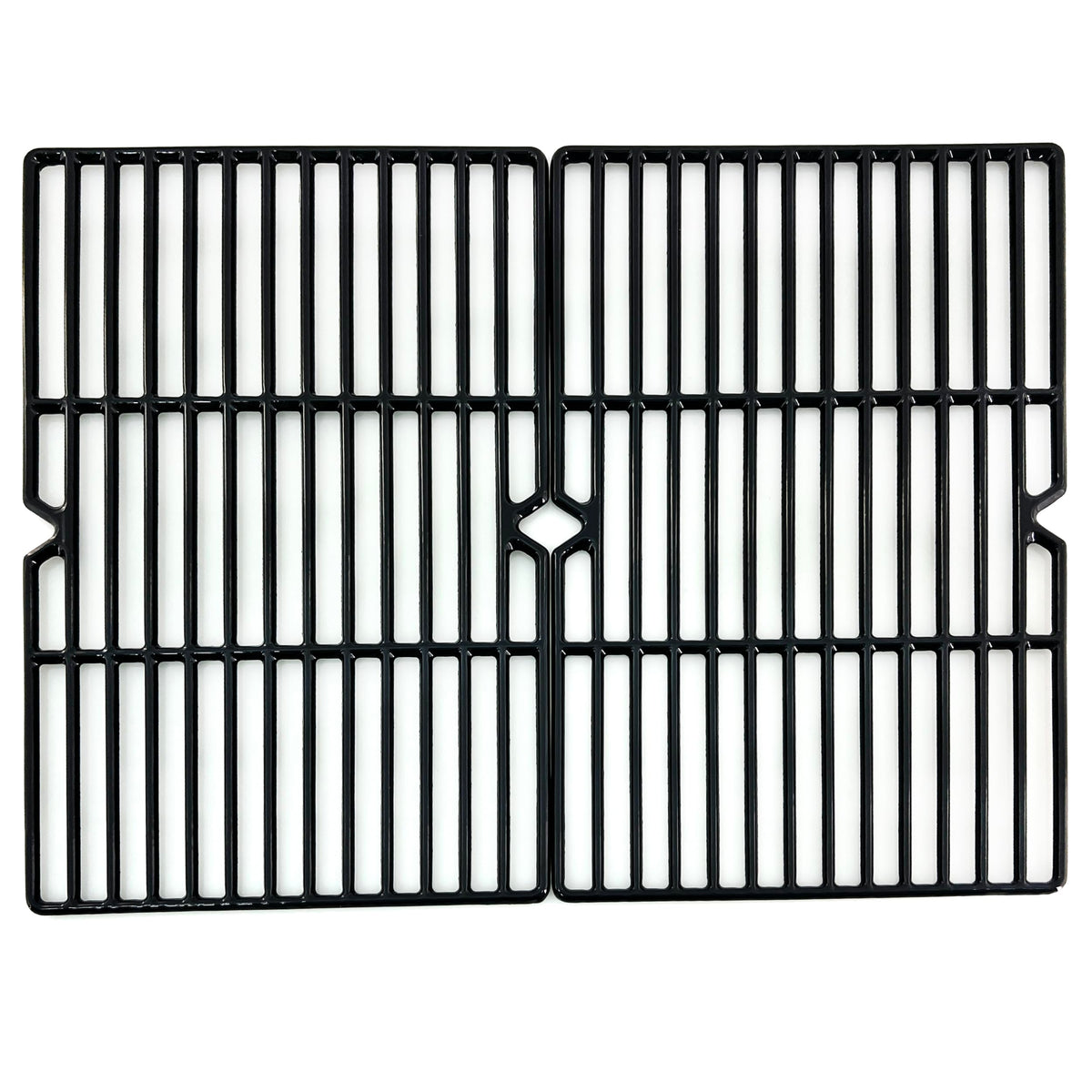 Direct Store front view of two porcelain-coated cast iron grates showing fit