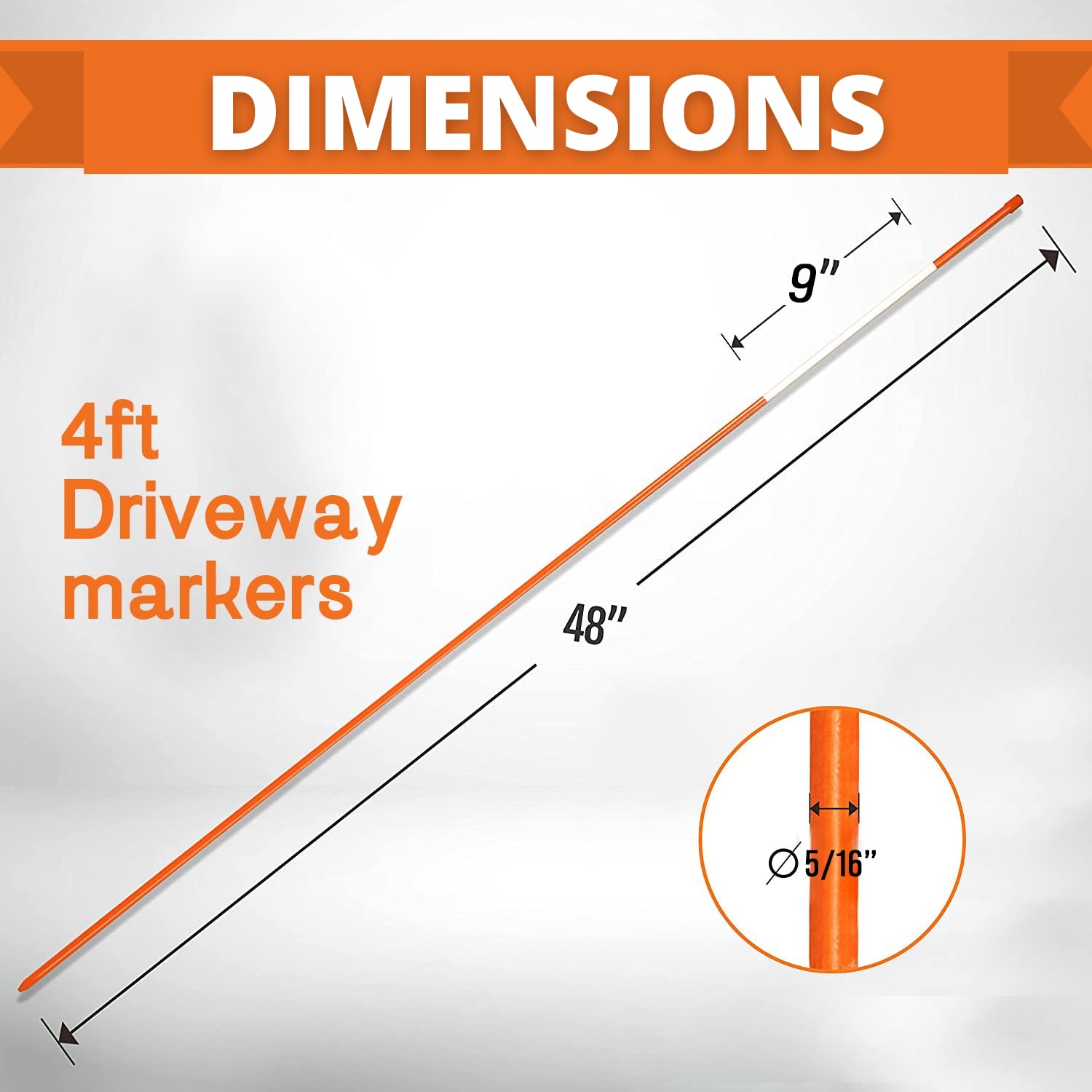 DISCOUNT SNOWSTAKES close-up of reflective tape on rod improving nighttime visibility and plow guidance
