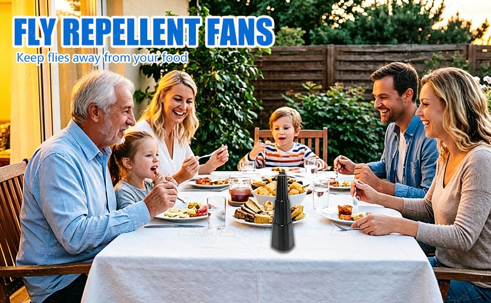 Dispest fan hanging above buffet offering hands-free insect deterrent benefit