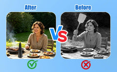 Dispest fan in use on picnic table keeping insects away from plates and drinks
