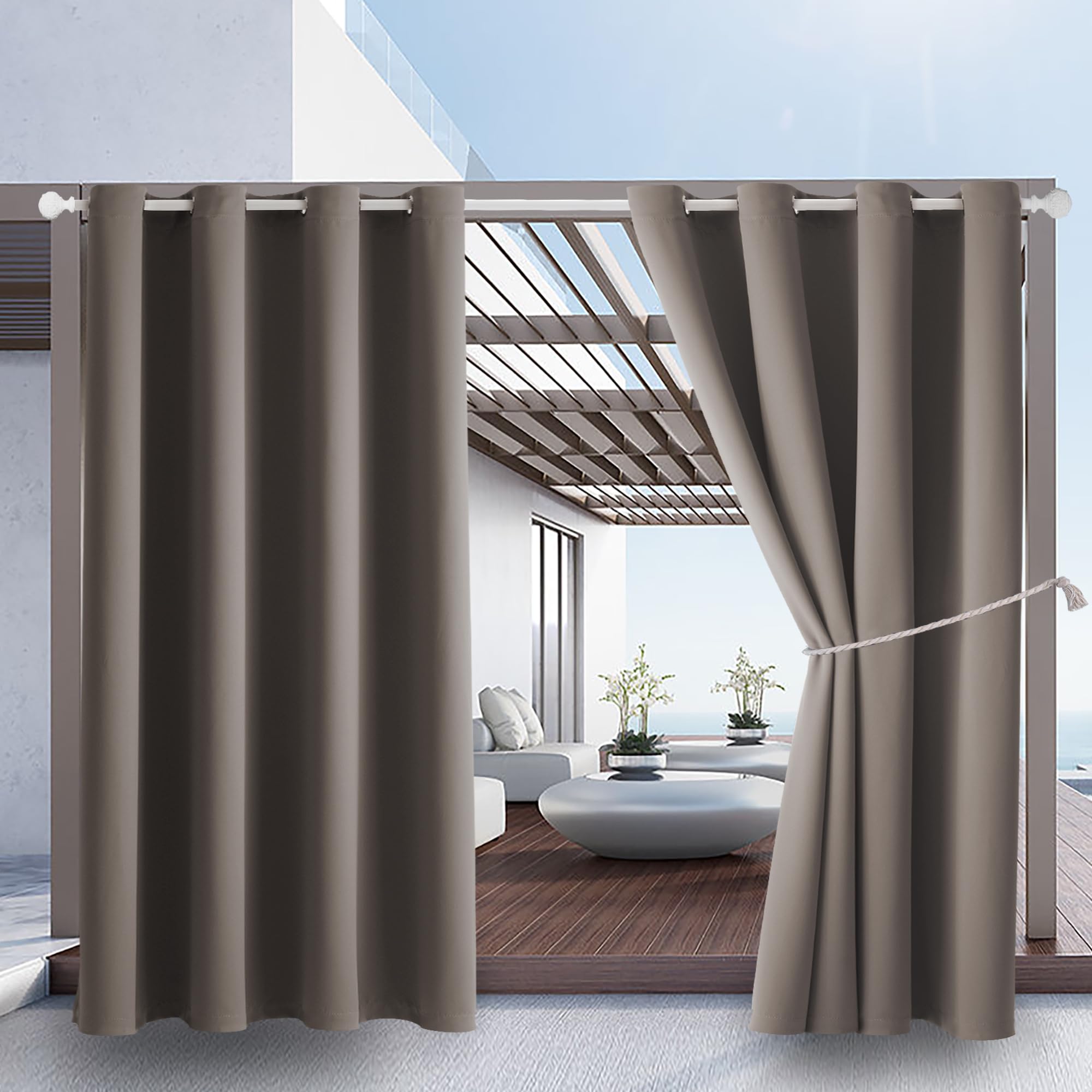 DIVA EN CAMINO DEC front view of taupe grommet curtains showing coverage and style