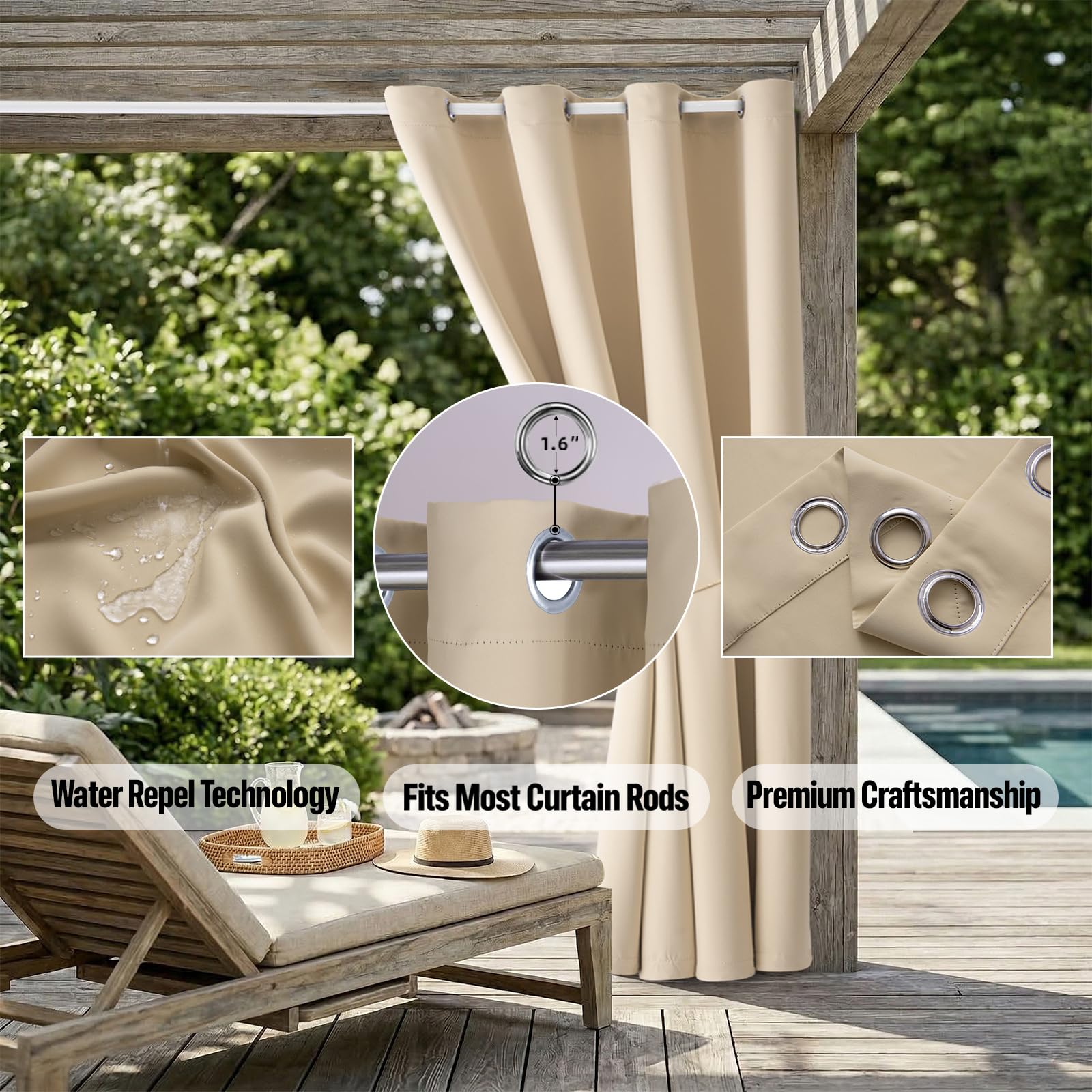 DIVA EN CAMINO DEC curtains hung on a patio rod creating shade and privacy in outdoor living