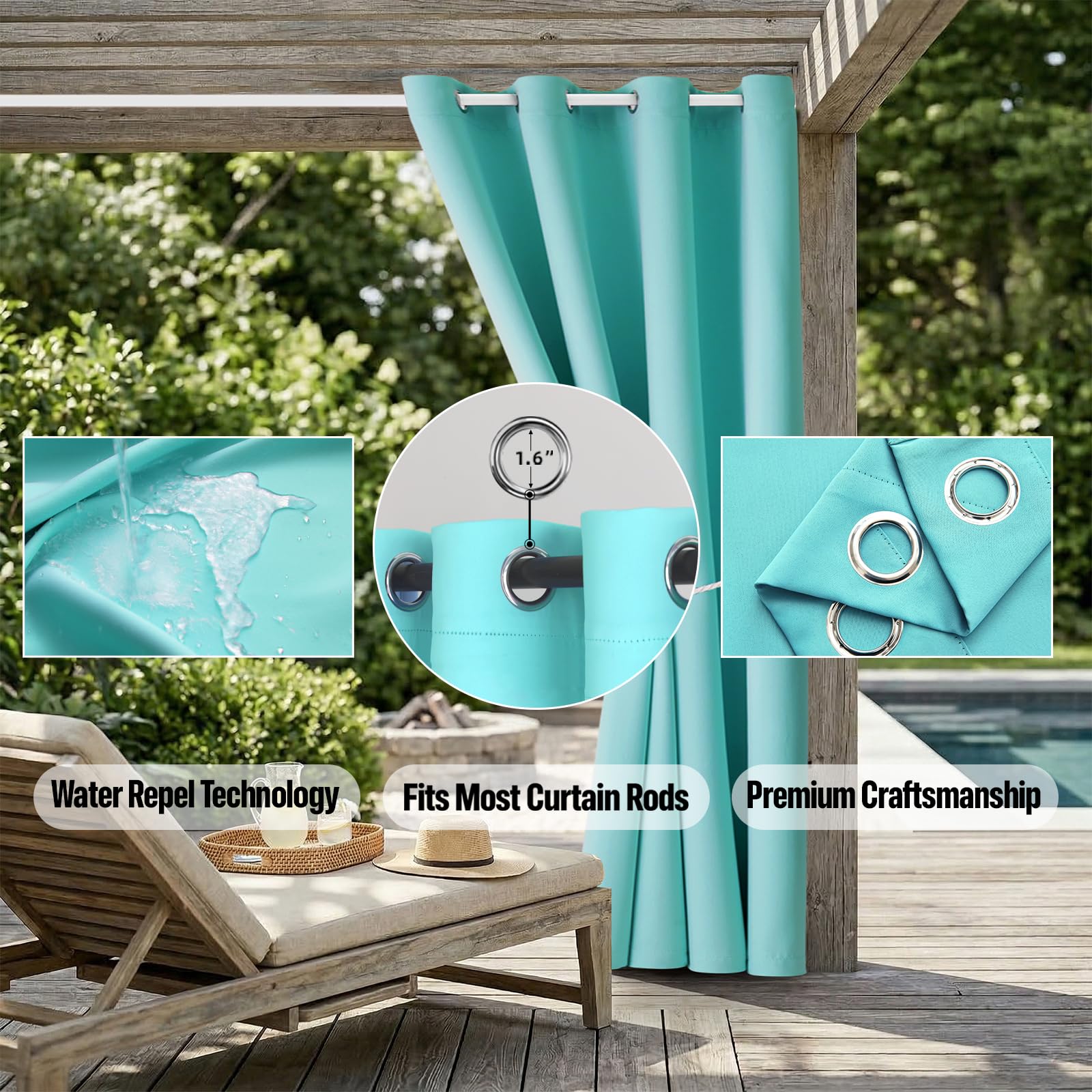 DIVA EN CAMINO DEC curtain hung on patio rod showing quick installation and shade