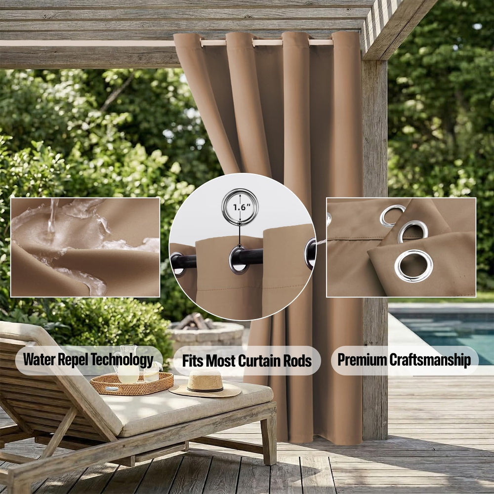 DIVA EN CAMINO DEC curtain hung on patio showing shade and comfort benefit