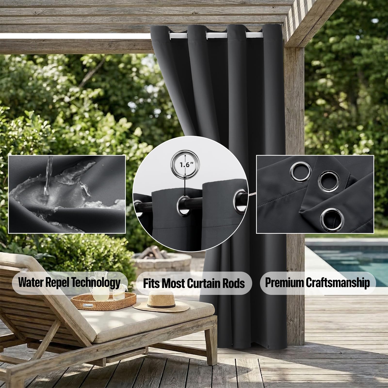 DIVA EN CAMINO DEC curtain panels hung on patio creating shaded outdoor living space
