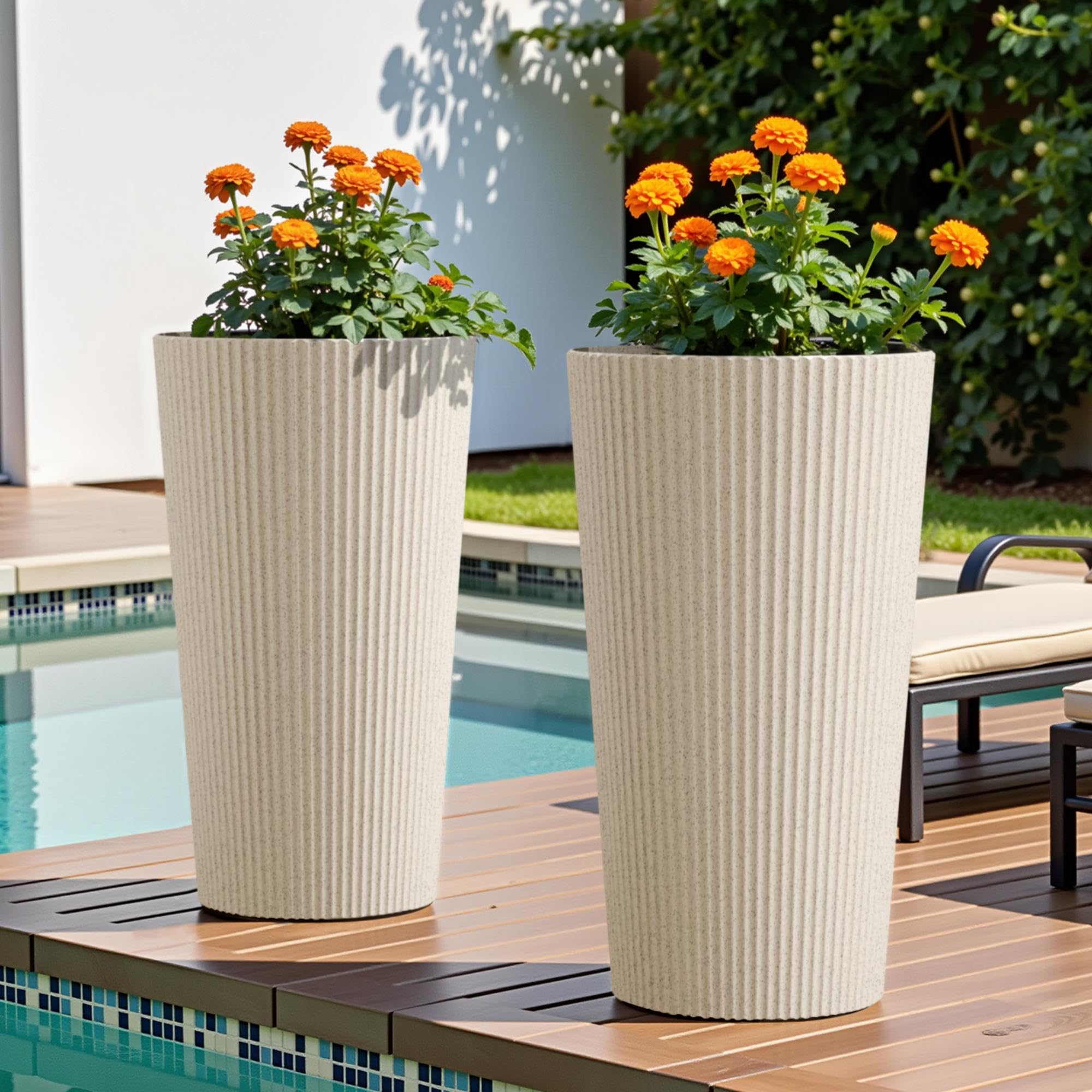 Diyfire front view of two beige tall planters showing elegant styling and curb appeal