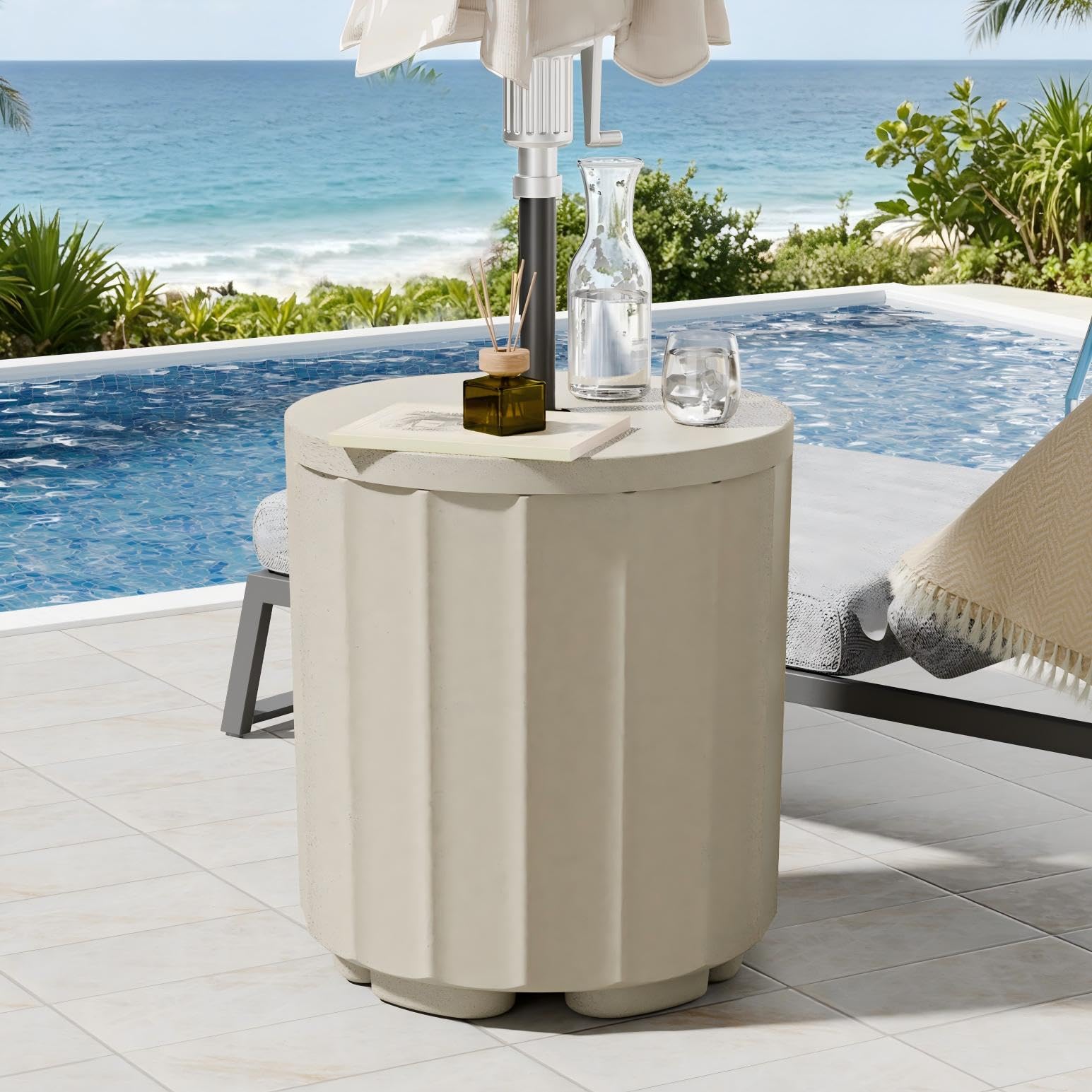 Diyfire front view of umbrella side table showing stable base and tabletop benefit