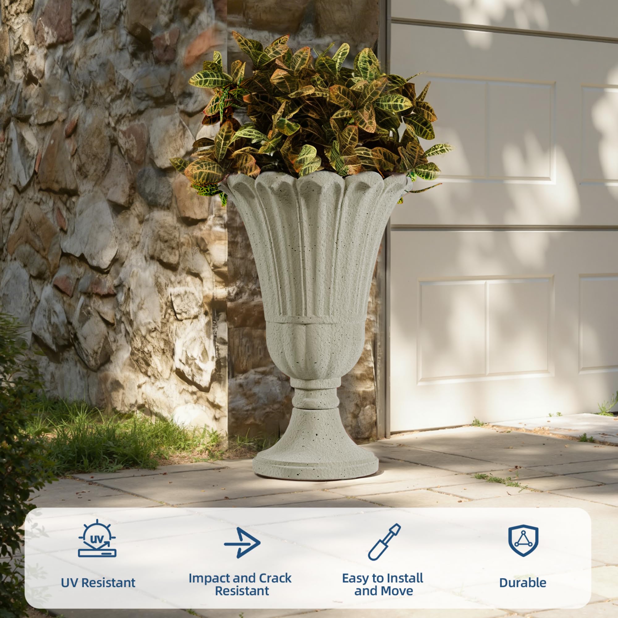 Diyfire urn planter with lush plant showing dramatic vertical garden display