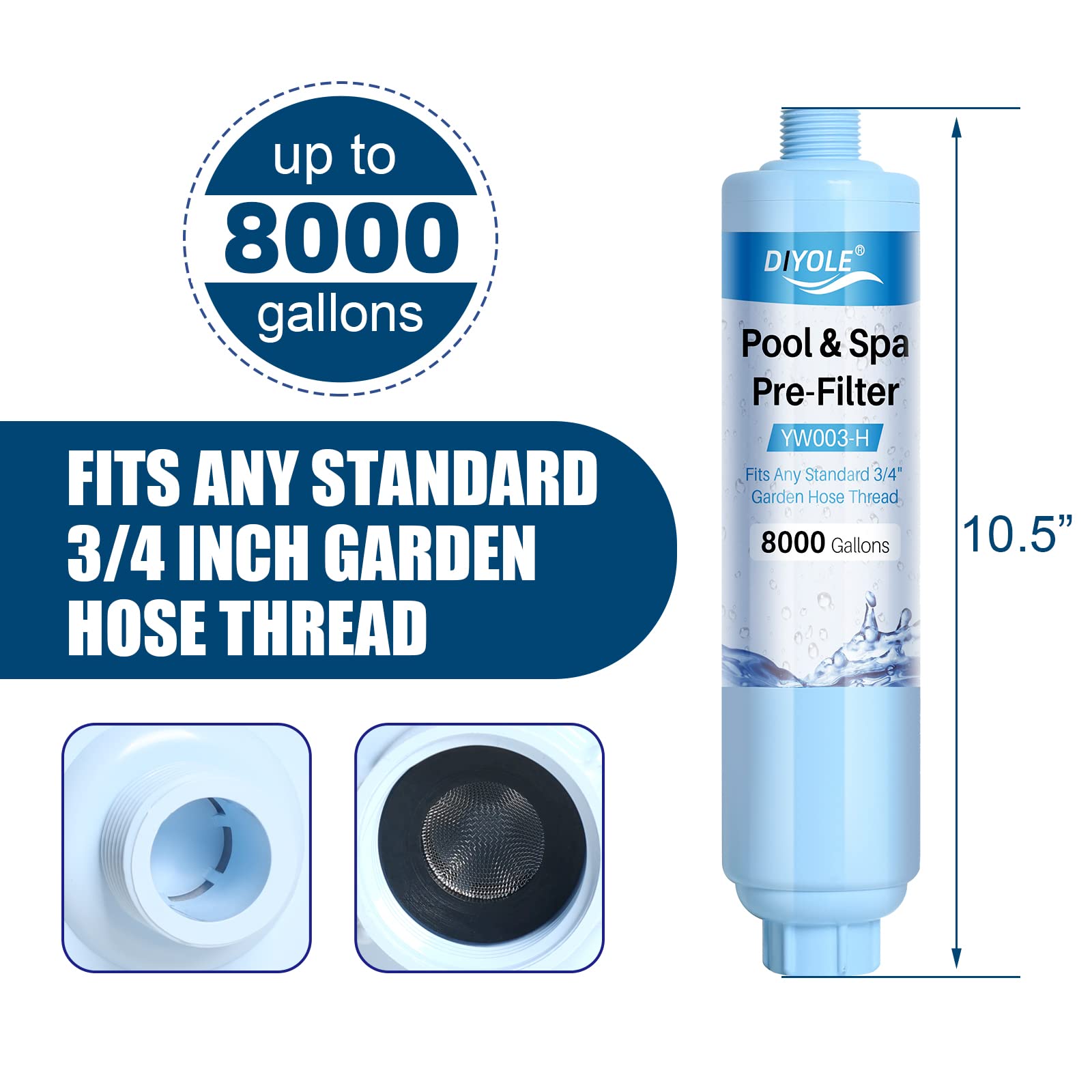 DIYOLE filter attached to garden hose demonstrating quick tool-free hookup