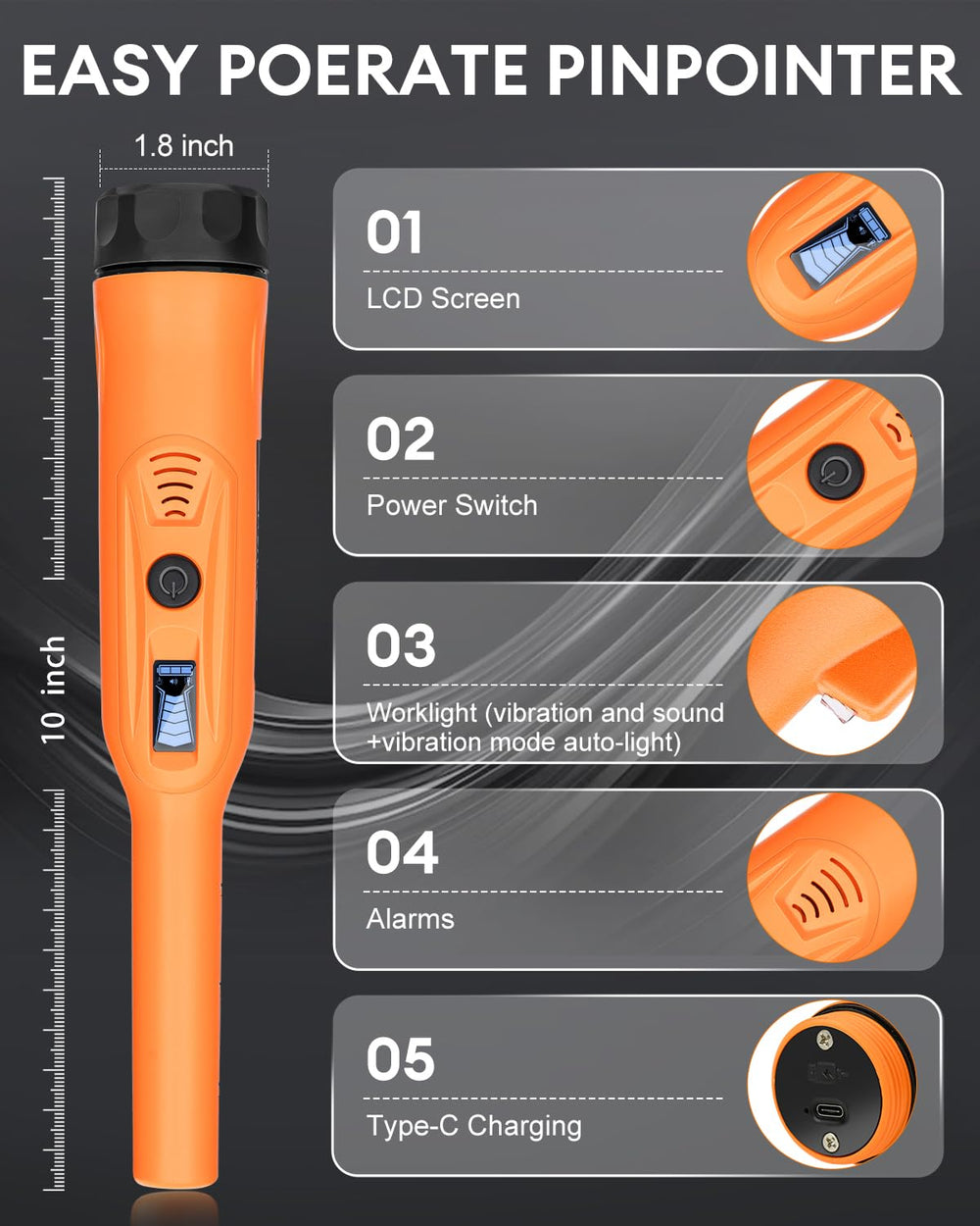 Dmyond pinpointer charging port with cable showing rechargeable convenience