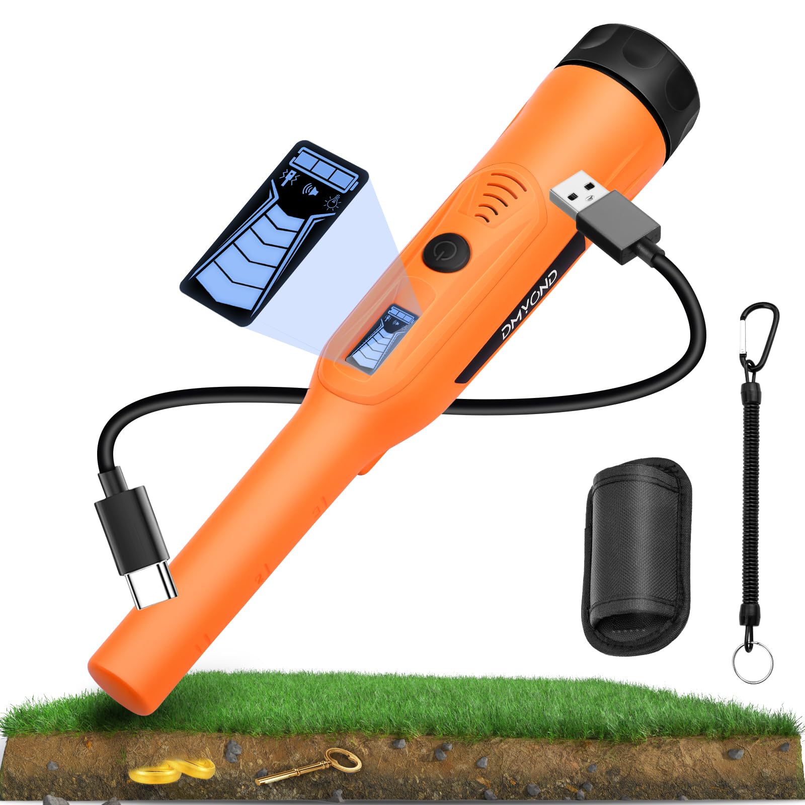 Dmyond pinpointer front view showing compact design and grip benefit