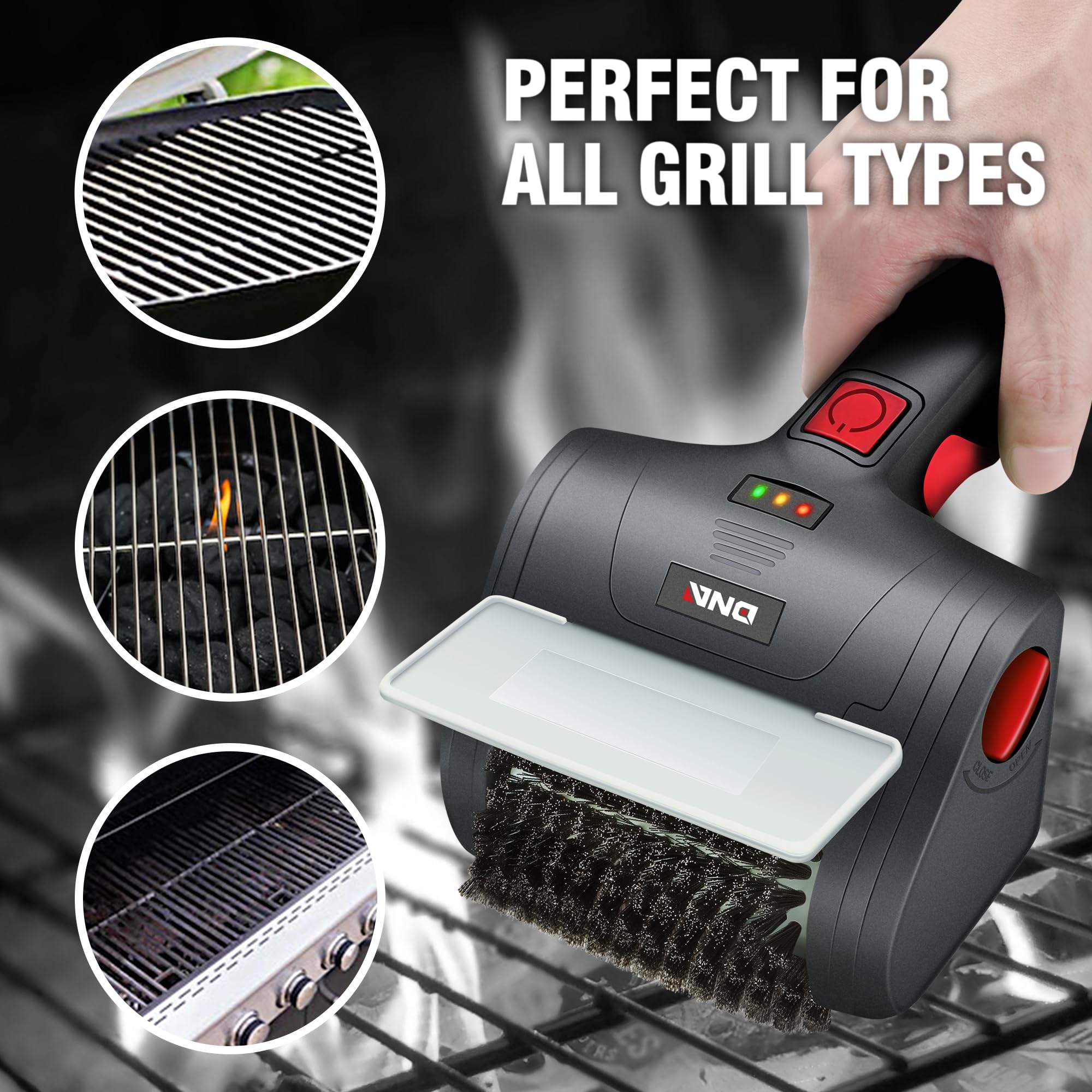 DNA MOTORING brush in use on a grill removing char for faster cleanup
