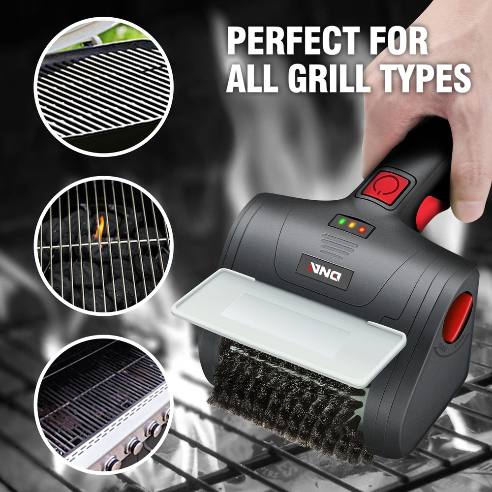 DNA MOTORING brush in use on a grill removing char for faster cleanup