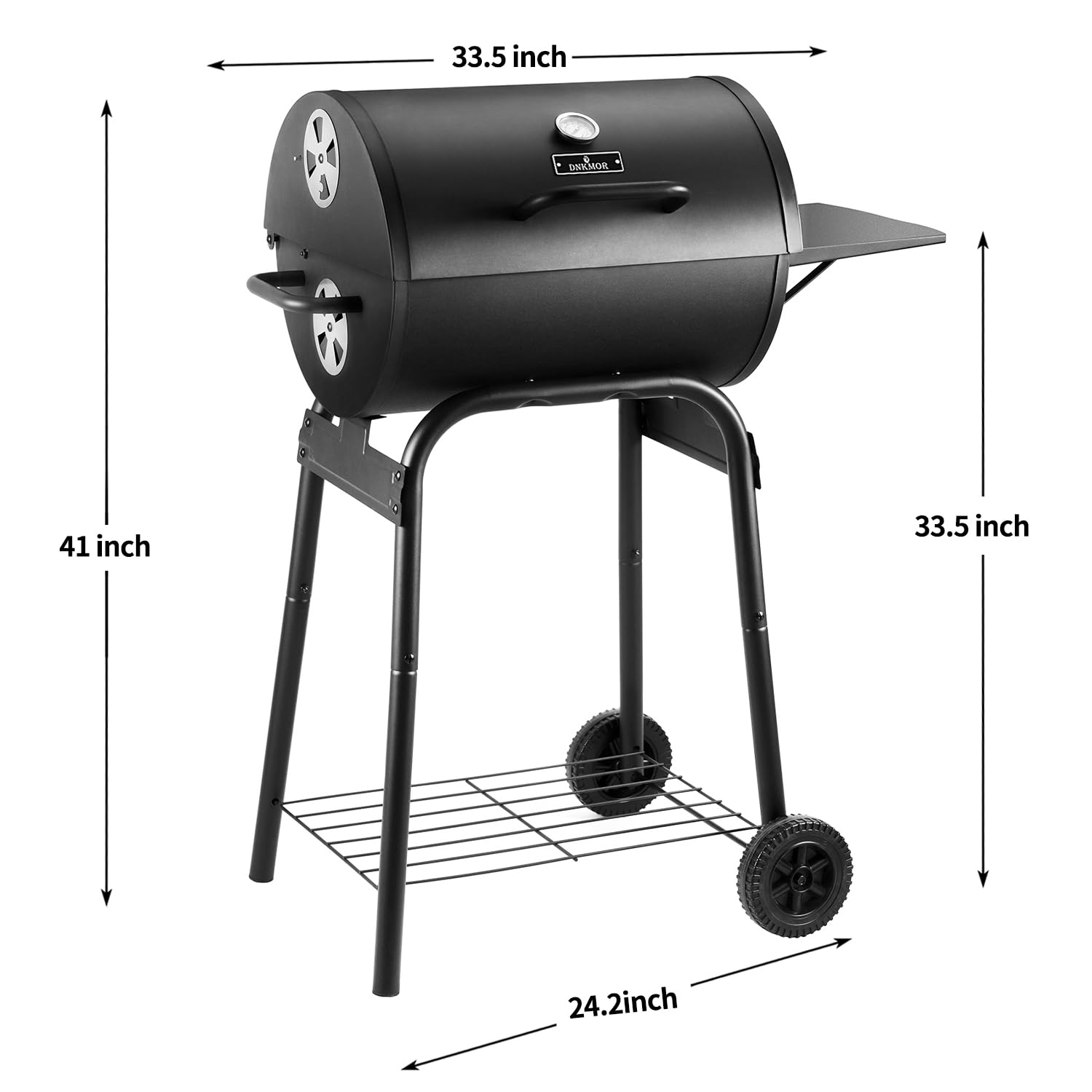 DNKMOR adjustable charcoal pan in lowered position showing four-height control benefit