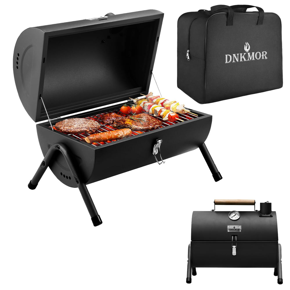 DNKMOR front view showing compact tabletop grill for easy transport and grilling