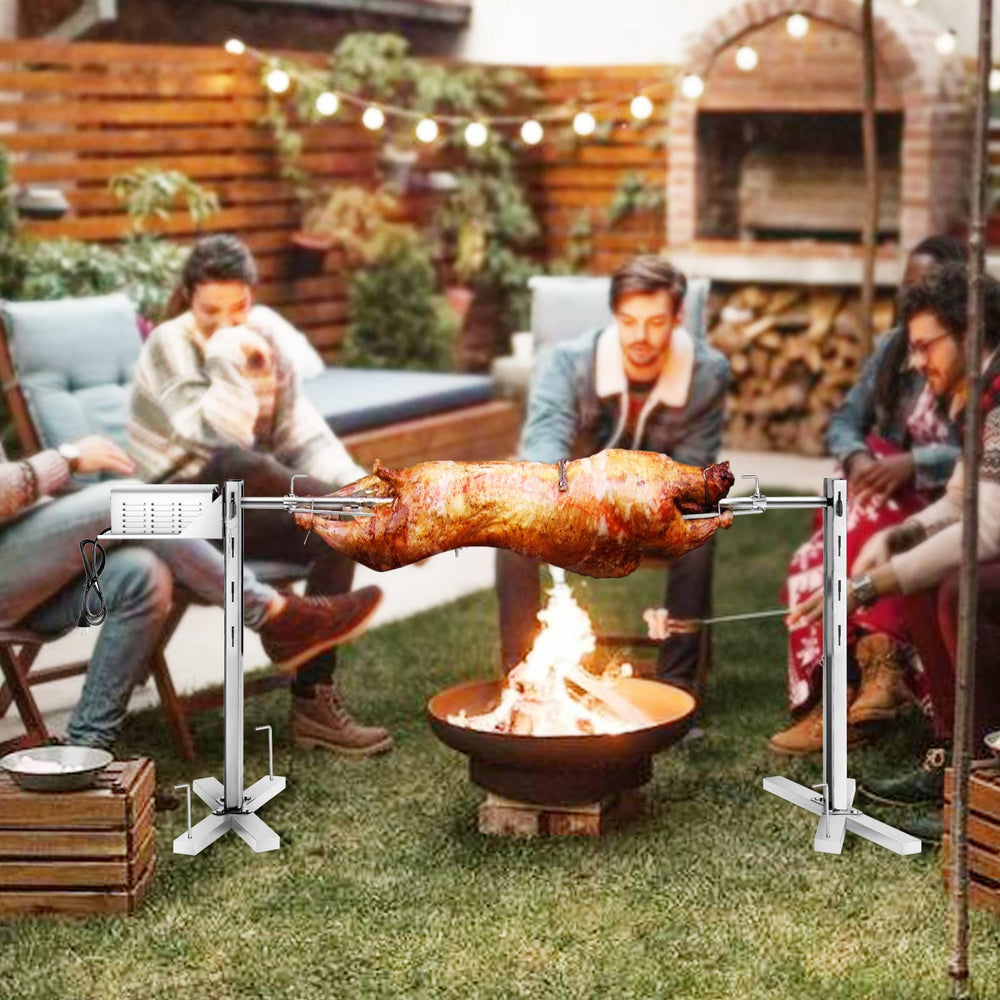 DNKMOR rotisserie in use roasting a whole pig demonstrating even cooking