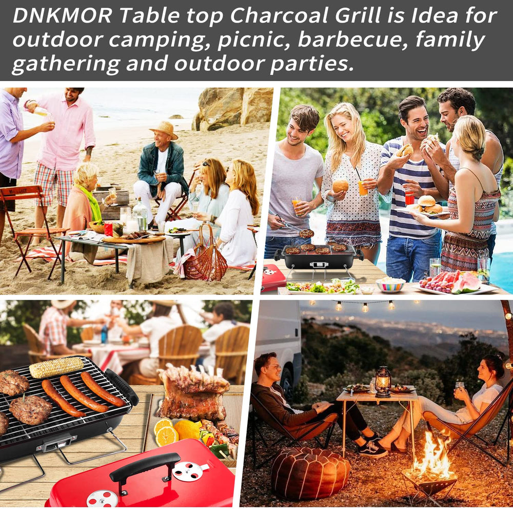 DNKMOR grill next to a backpack showing compact size for travel convenience