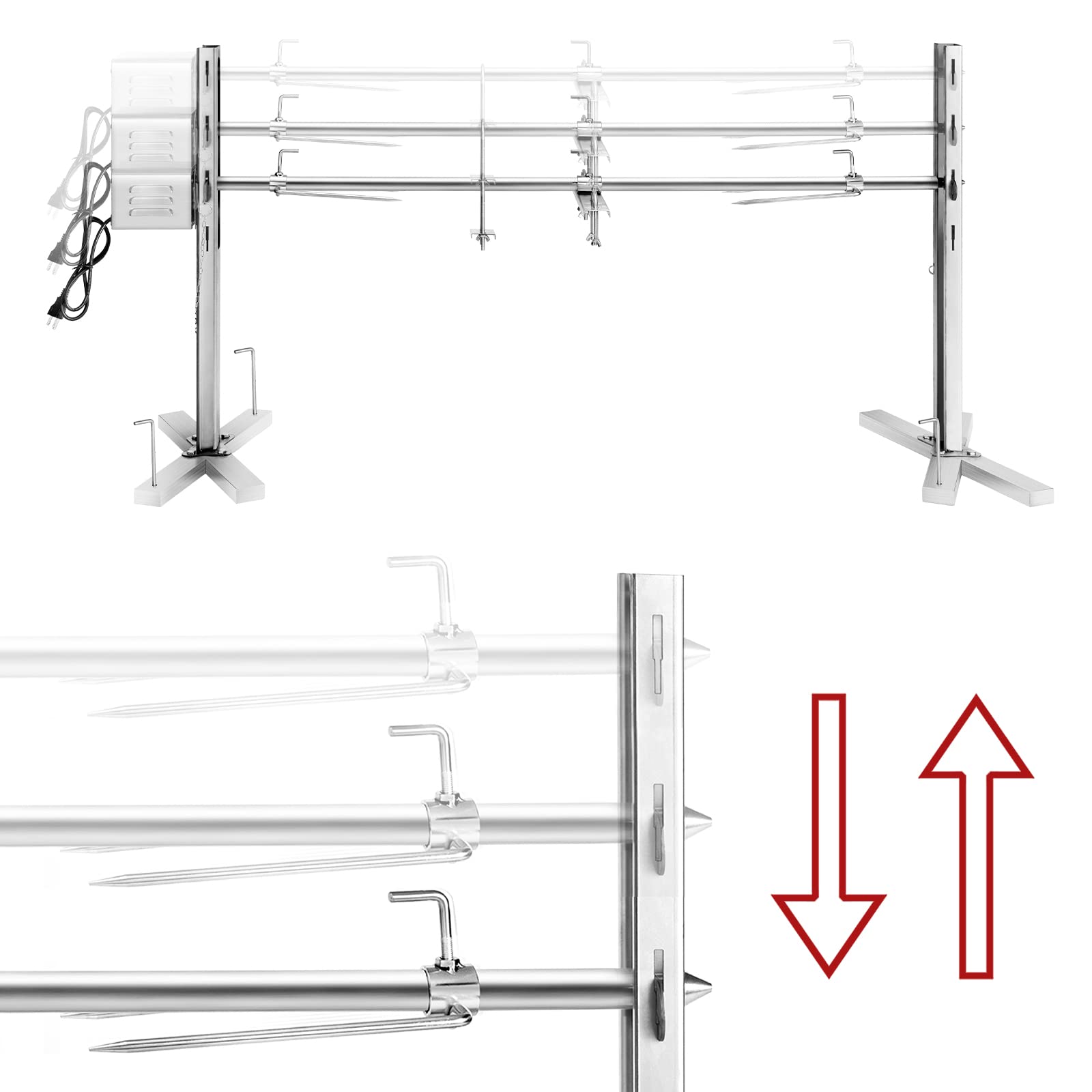 DNKMOR heavy-duty spit rod and prongs securing large roast for stability