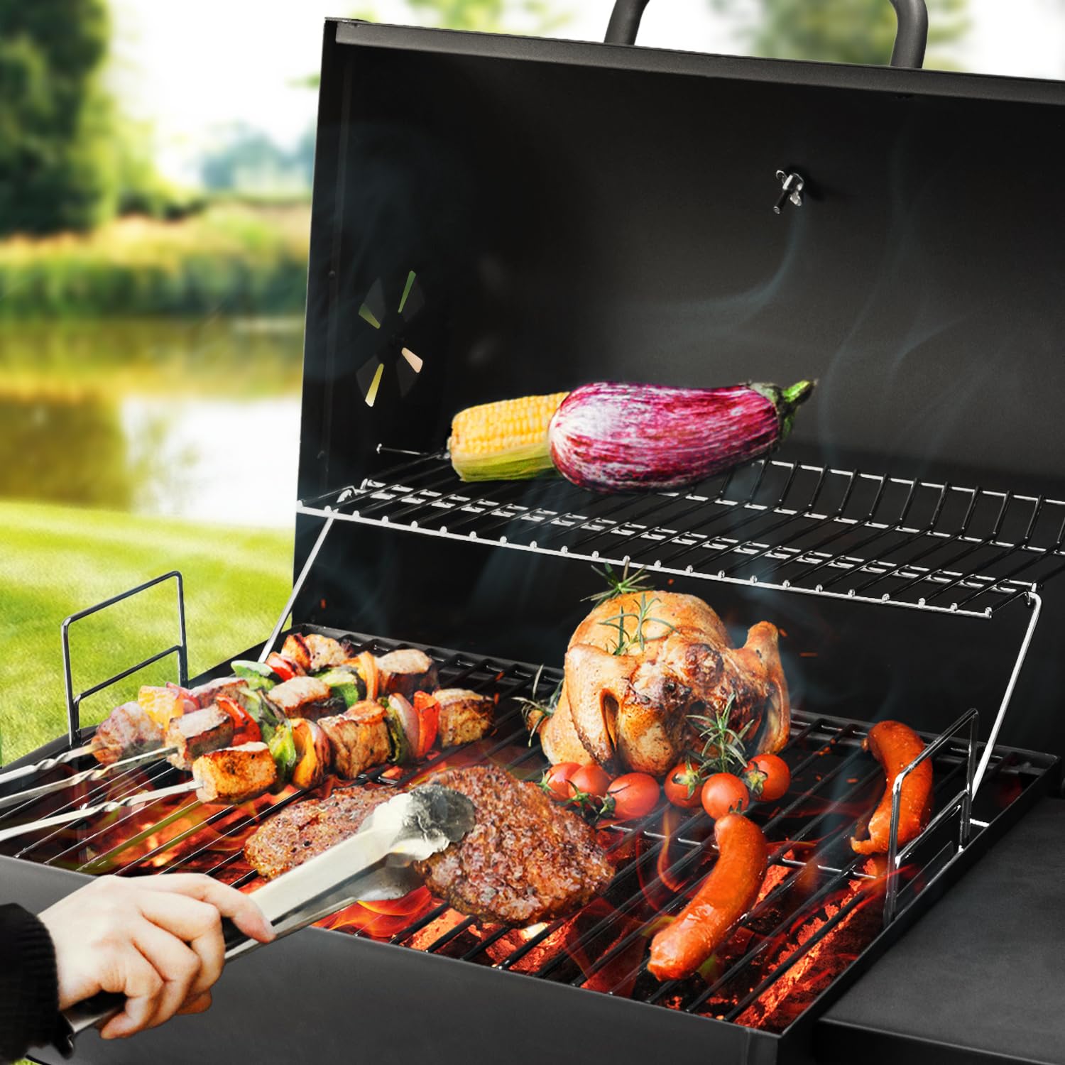 DNKMOR warming rack with food arranged for indirect heat and keeping dishes warm benefit
