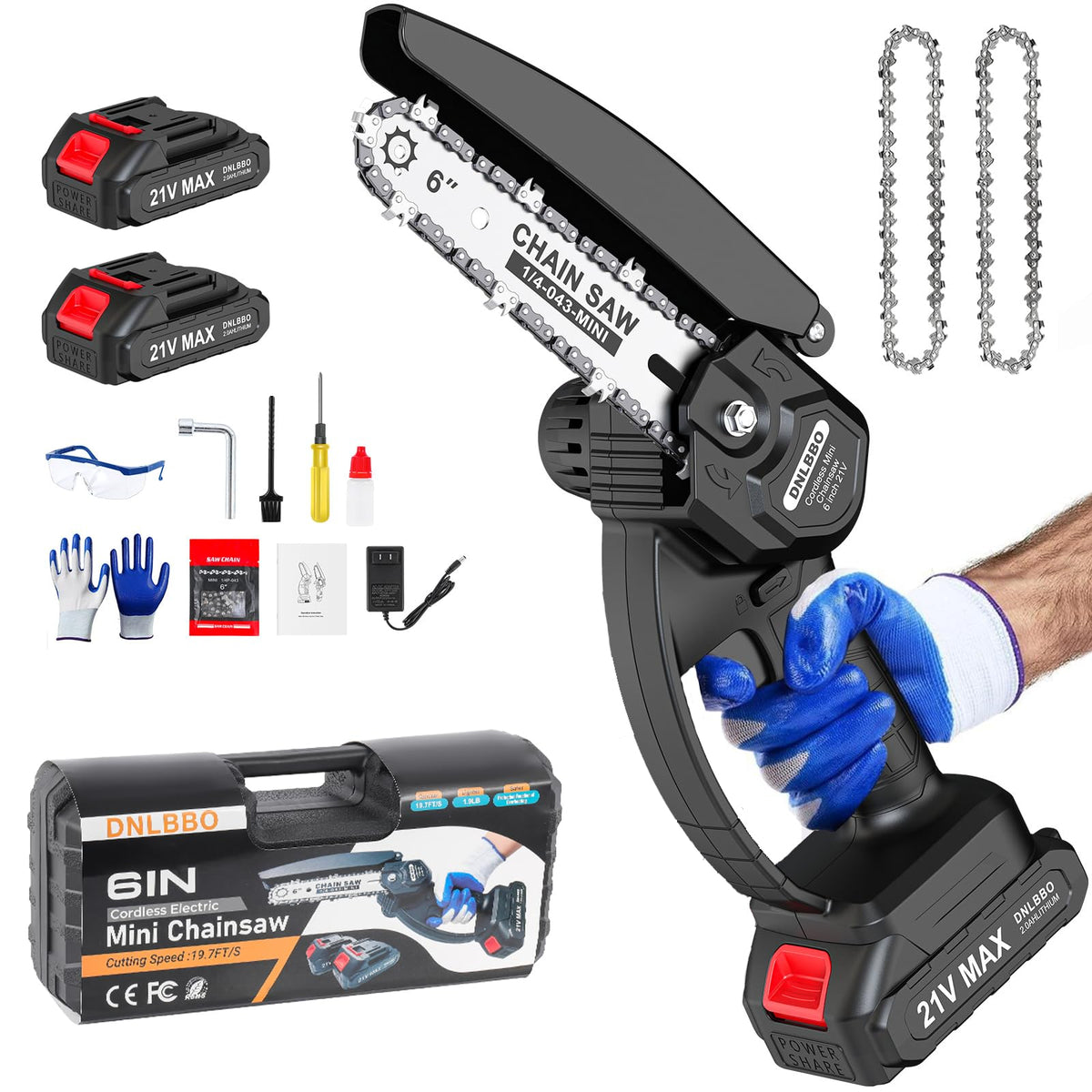 DNLBBO front view of mini chainsaw showing compact cordless design and quick startup benefit