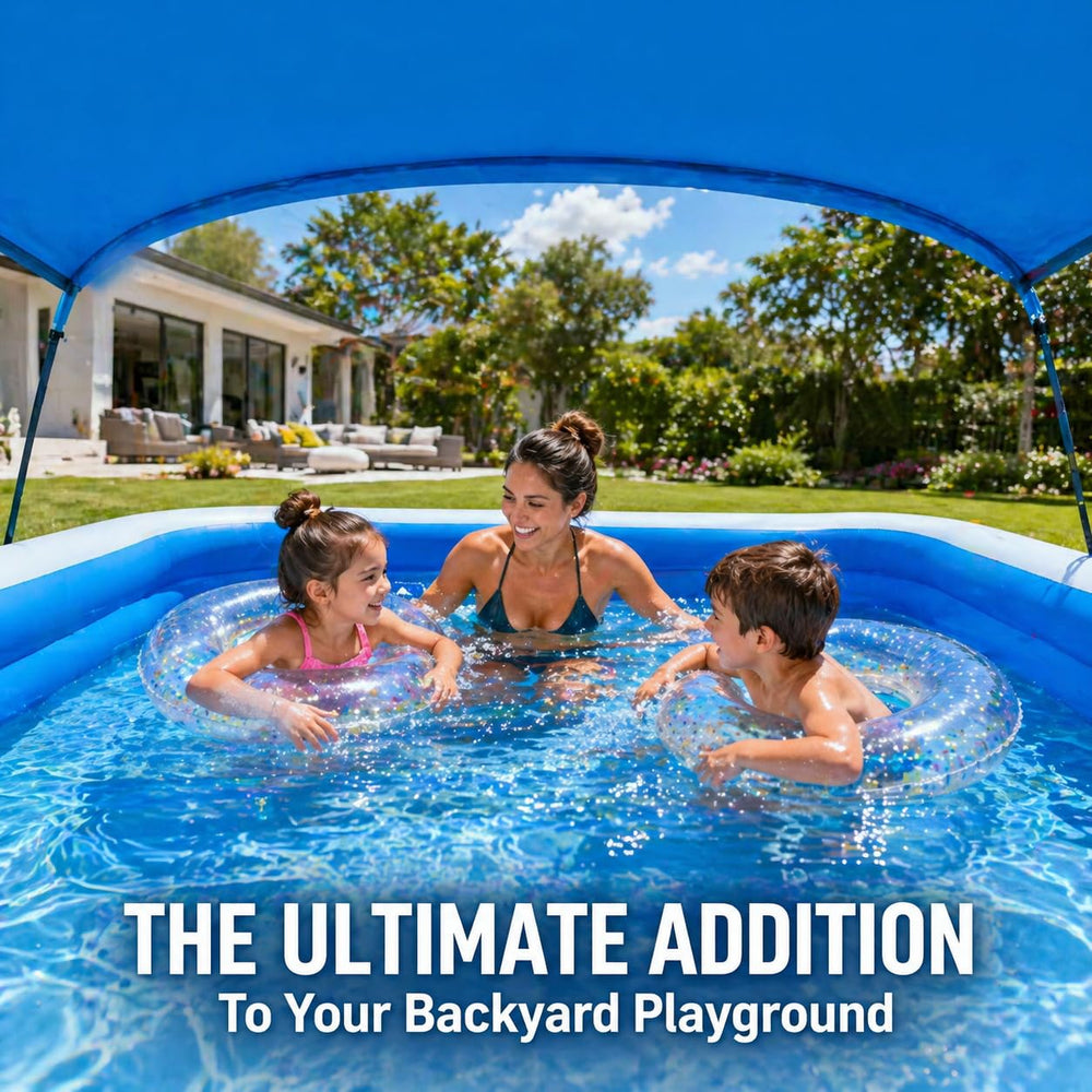 DNWTJTK pool size comparison with adult and child illustrating scale
