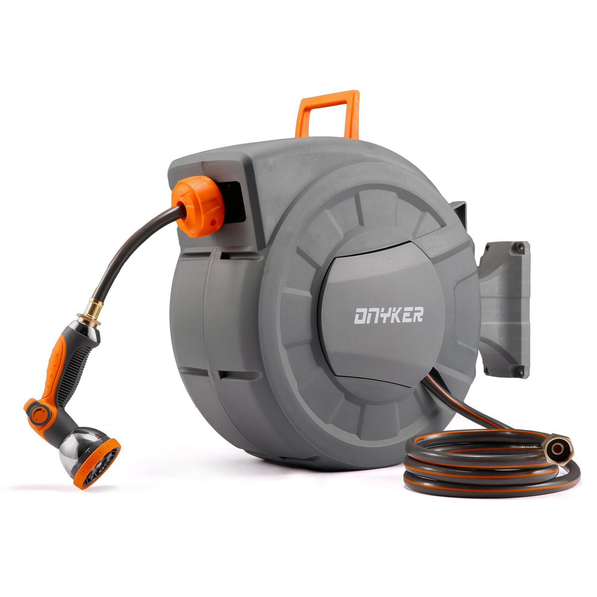 DNYKER front view wall-mounted reel showing compact storage benefit