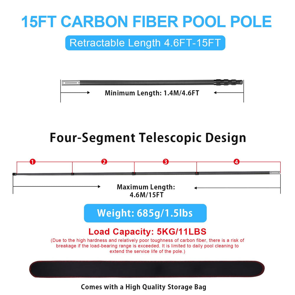 DOBEN fully extended 15ft pole demonstrating extended reach for deep pools