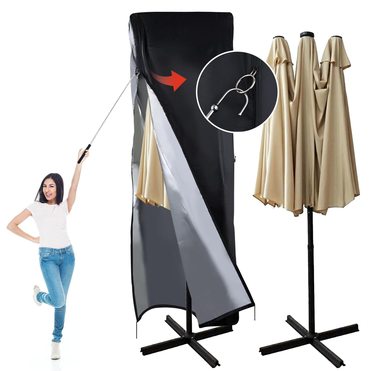 DOCEPERT front view of full cover protecting umbrella, durable weather shield