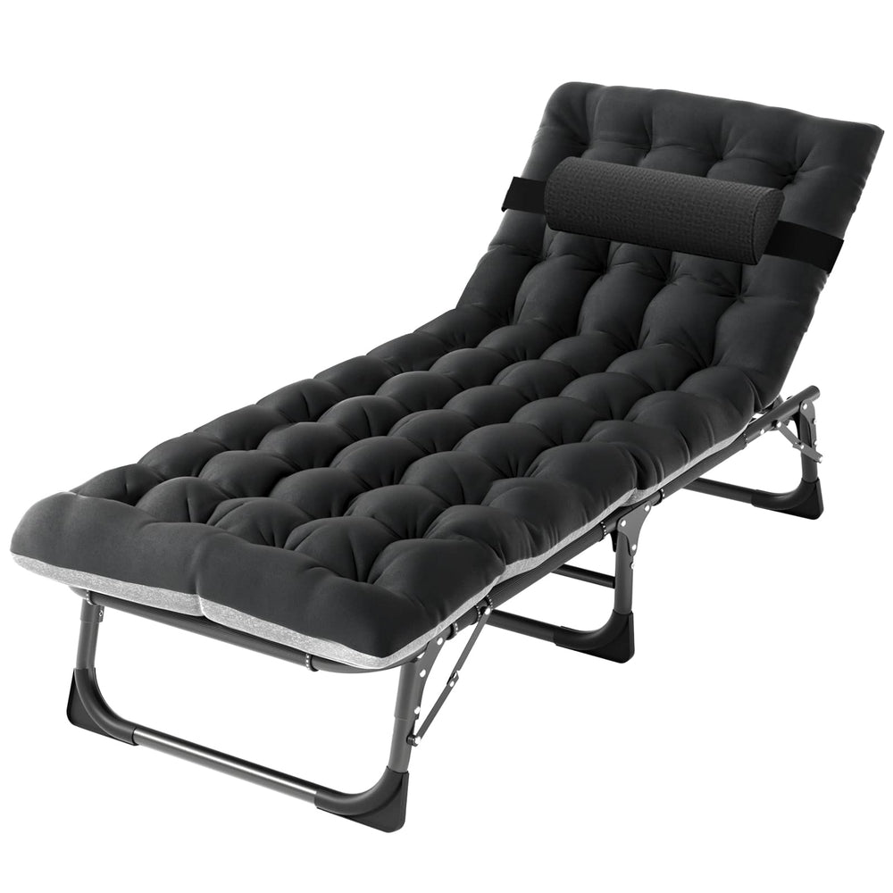 DoCred chaise with person for scale demonstrating generous length and comfort benefit
