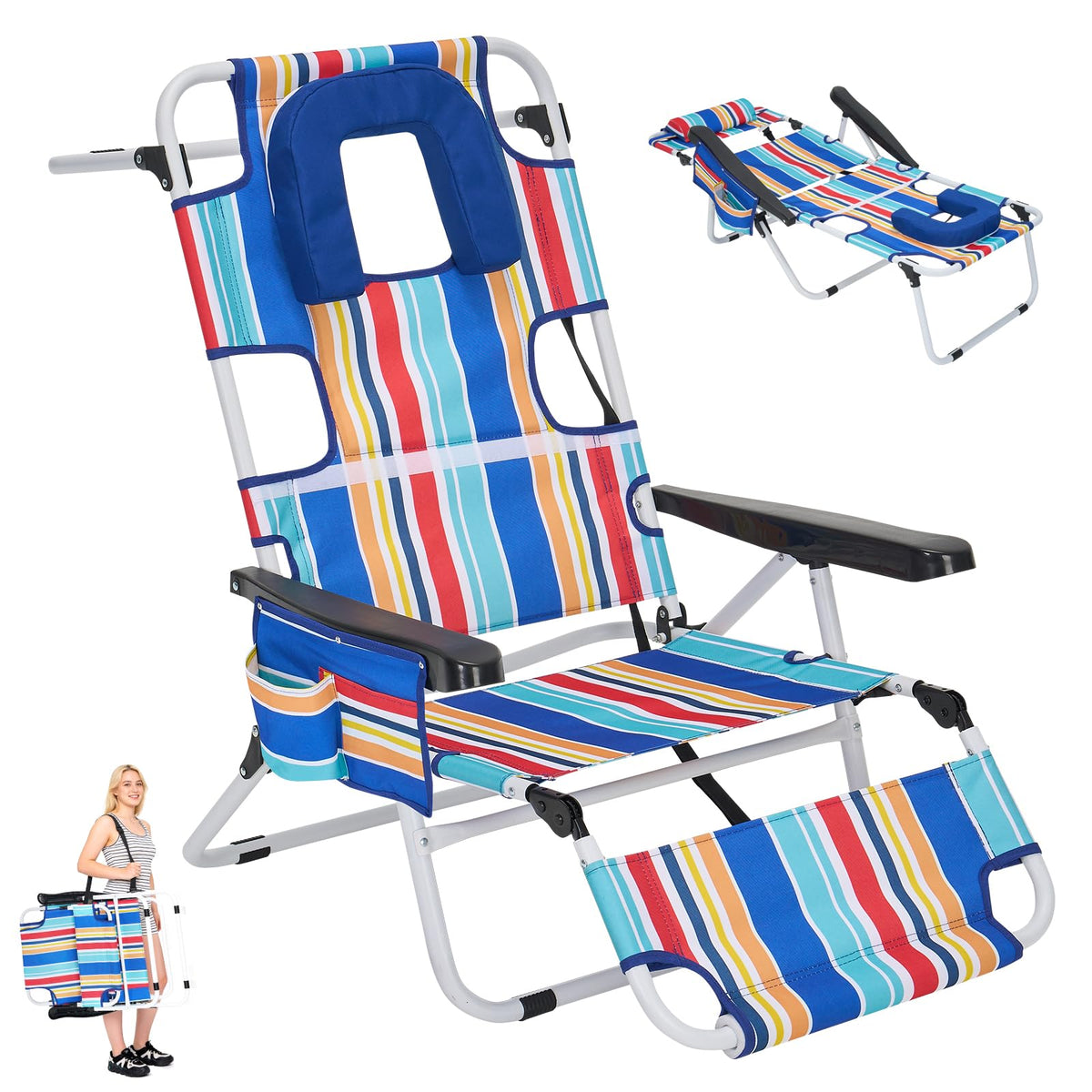 DoCred front view blue stripes showing full chair and headrest benefit comfort