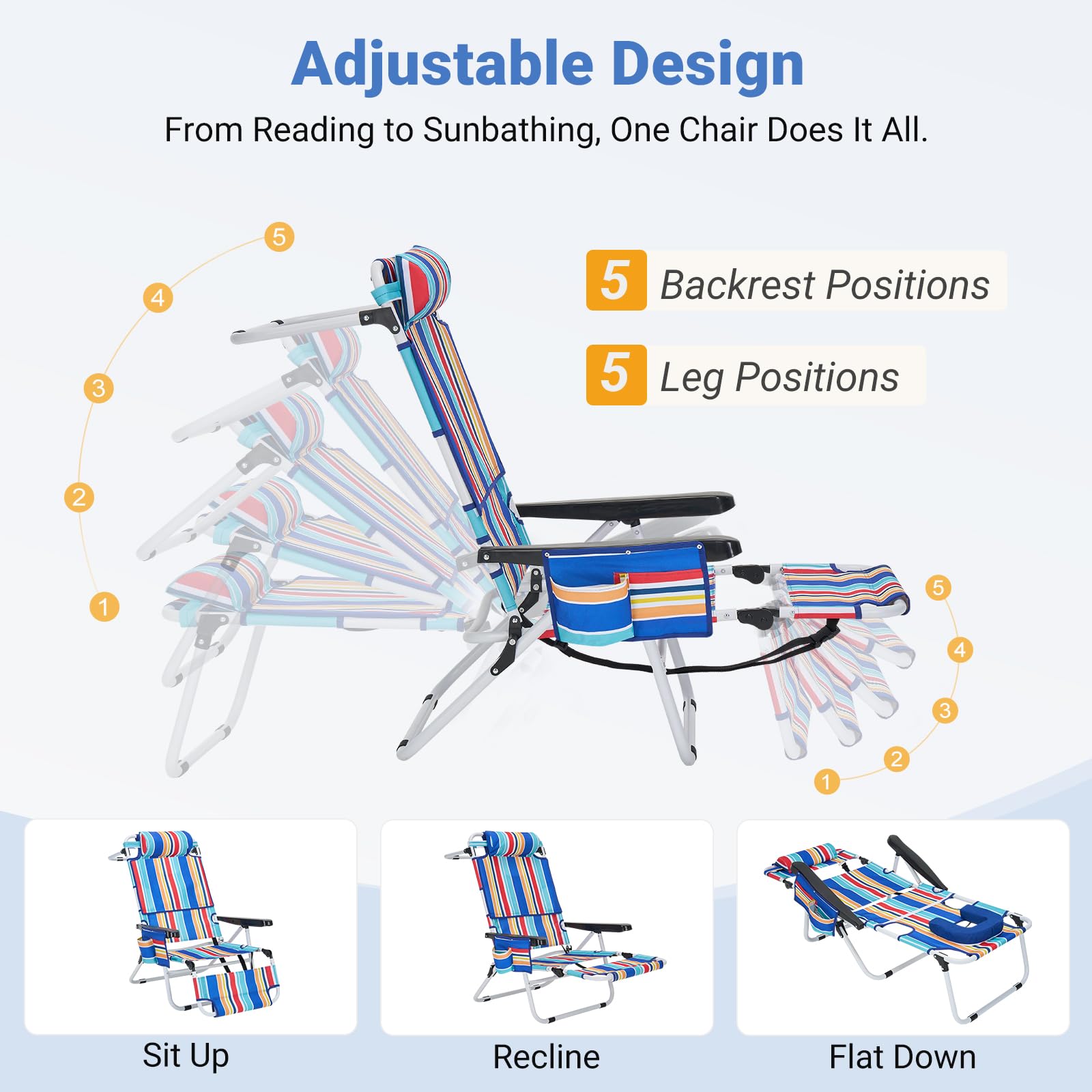 DoCred chair lay-flat for stomach sunbathing showcasing even tanning benefit