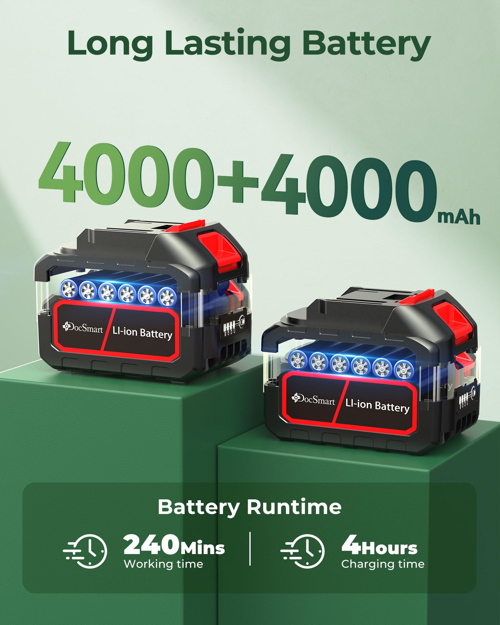 DocSmart two 4000mAh batteries installed showing extended cordless runtime benefit