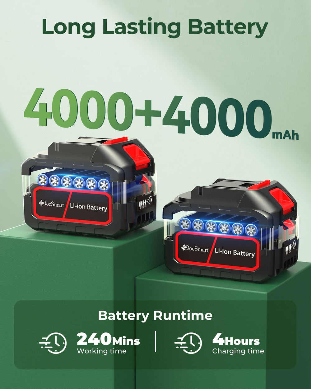 DocSmart two 4000mAh batteries installed showing extended cordless runtime benefit