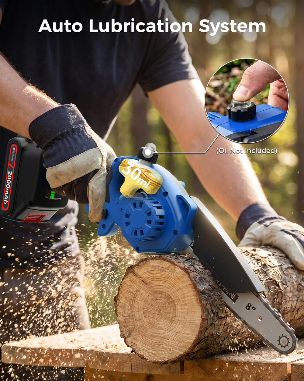 DocSmart mini chainsaw cutting a branch for quick garden pruning