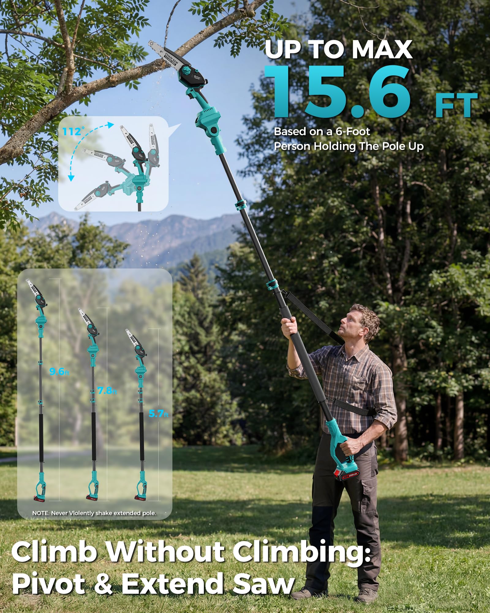 DocSmart extended pole reaching high branch to enable ladder-free trimming and safer reach